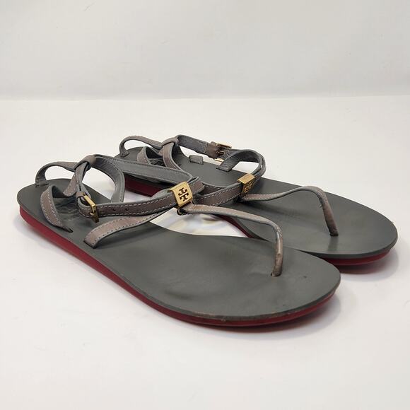 Tory Burch Shoes - Tory Burch Women Gray Leather T Strap Thong Sandal Size 7.5M Gold Tone Logo